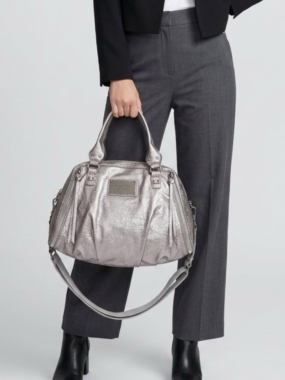NWOT SIMPLY VERA WANG Metallic Pewter Crinkle Satchel Bag Y2KCyber Cyber Grunge